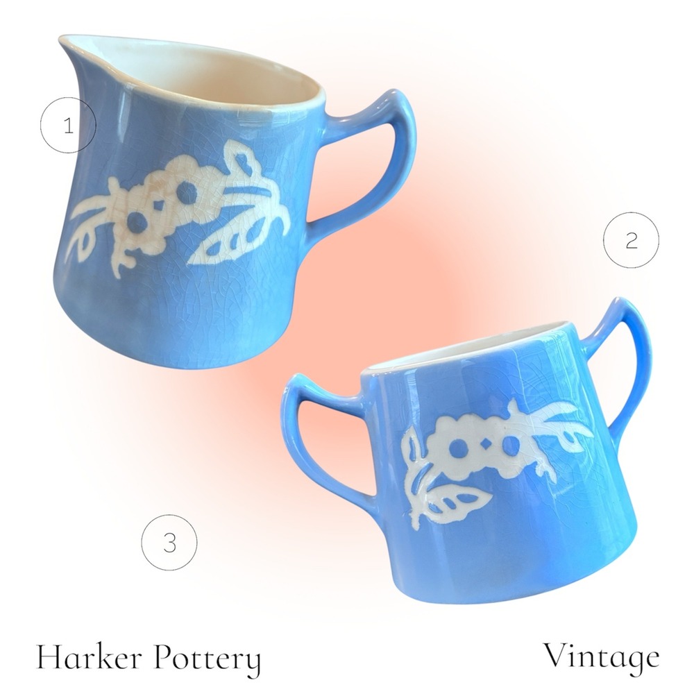 Vintage Harker Pottery Cameoware Pitcher & Creamer Set‎ Blue Floral